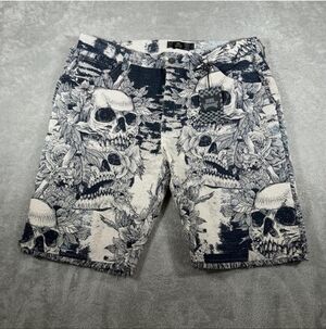 Rebel Vengeance Shorts Mens 34 Black White Skull Floral Tapestry Goth Streetwear